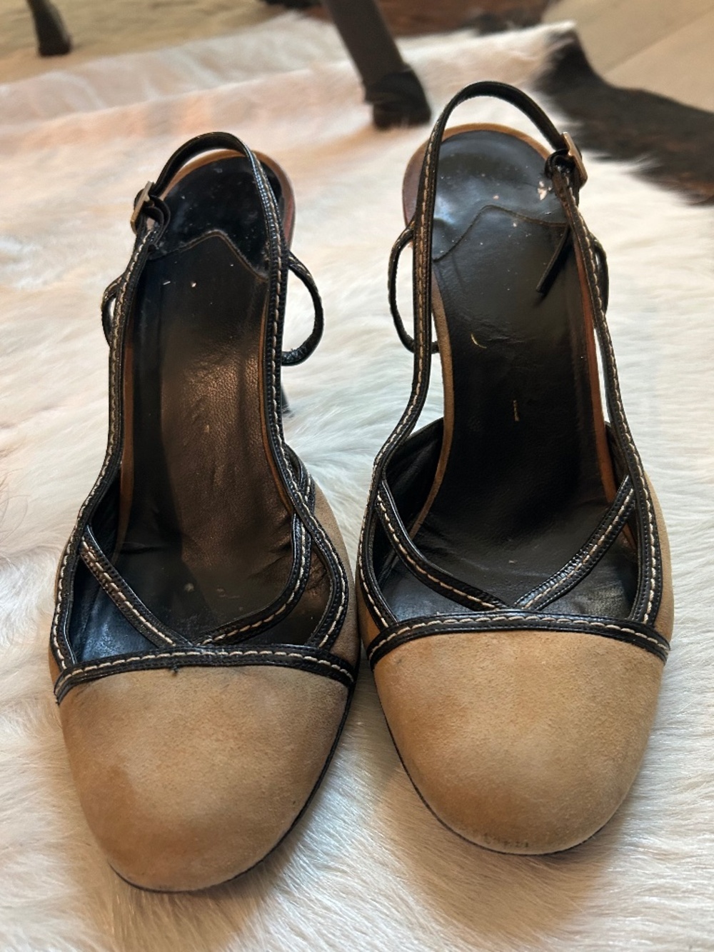 Vintage CHANEL Suede Patent Slingback Heels Black Beige Women’s US 8 EU 38